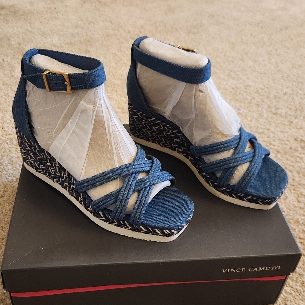 Vince Camuto Jilesa Espadrille Sandals Blue Denim Size 7 M Wedge Heel NEW
